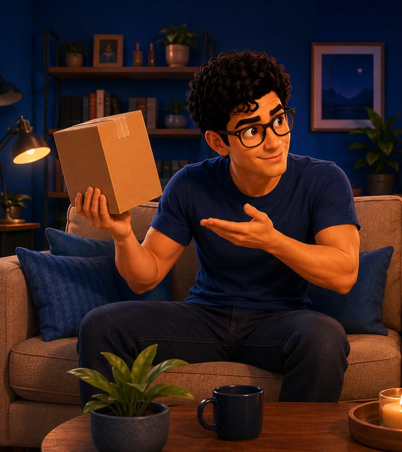 Chatur holding the unopened box